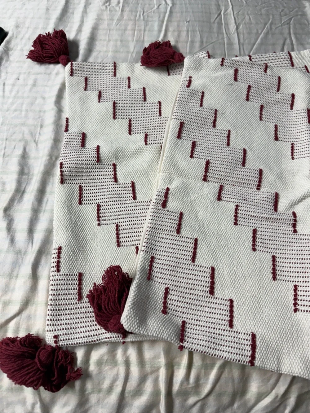 Blue Page pillow covers  with Burgundy Tassel Detail embroidered boho (2)